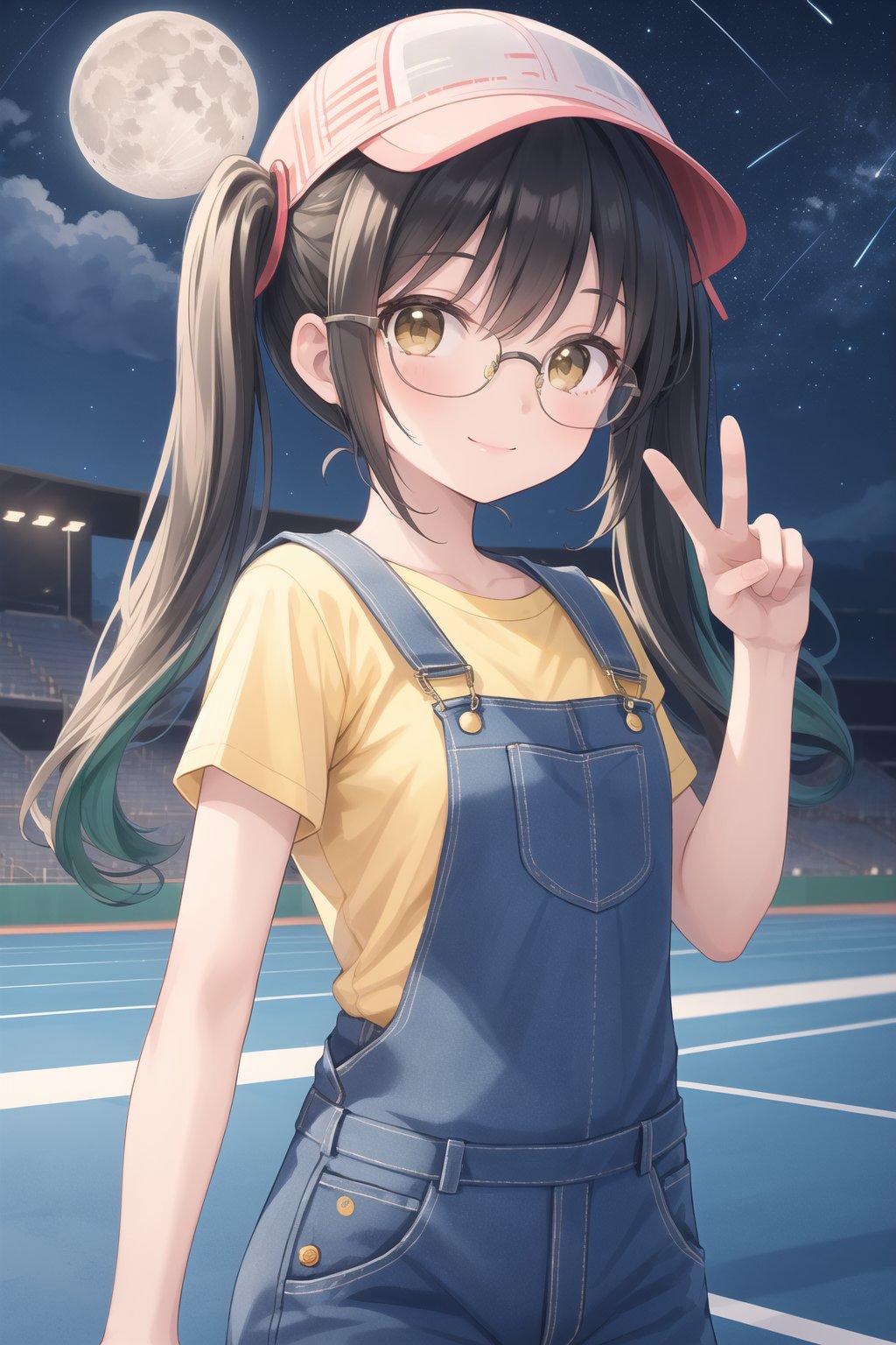 (female): solo, (perfect face), (detailed outfit), (18 years old), lovely female, happy, (small happy smile), black hair, partly dark green hair on twintails, long hair, dark brown eyes, small chest, tiny body, cute glasses, wearing bucket hat, yellow t-shirt,  (denim overalls),showing V sign,(the hair is tied in two separate long twintails), (background): from front, outdoor, (athletics stadium), (track), (bleachers), (sky), (stars), (moon), night, (clear) (effects): (masterpiece), (best quality), (sharp focus), (depth of field), (high res)