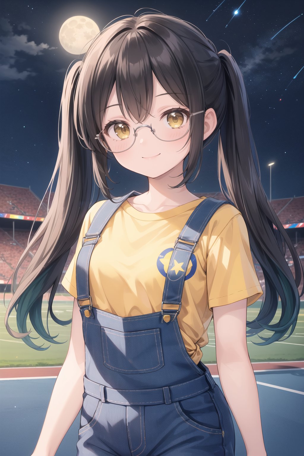 (female): solo, (perfect face), (detailed outfit), (18 years old), lovely female, happy, (small happy smile), black hair, partly green hair on twintails, long hair, dark brown eyes, small chest, tiny body, cute glasses, yellow t-shirt,  (denim overalls), (the hair is tied in two separate long twintails), (background): from front, outdoor, (athletics stadium), (track), (bleachers), (sky), (stars), (moon), night, (clear) (effects): (masterpiece), (best quality), (sharp focus), (depth of field), (high res)