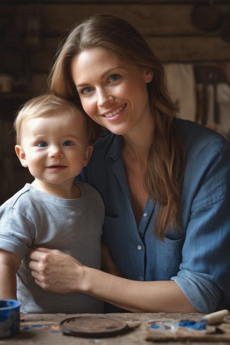 raw realistic potarait of raw cinematic potrait of a beautiful girl with golden brown hair blue eyes in simple clothes with her beautiful dark haired baby boy with blue eyes, candid moment, smiling looking at him  ,perfect anatomy, she's teaching him to paint cottage old cottage room full with artistic supplies, dark room,by  cinematic portrait, (beautiful) girl, big cheekbones, , with round face, realistic - n 9, artist unknown, ann stokes, ((((cinemtic lookcinemtic look , (((((((grainy cinematic,  godlyphoto r3al,detailmaster2,aesthetic portrait, cinematic colors, earthy , moody,  )))))))