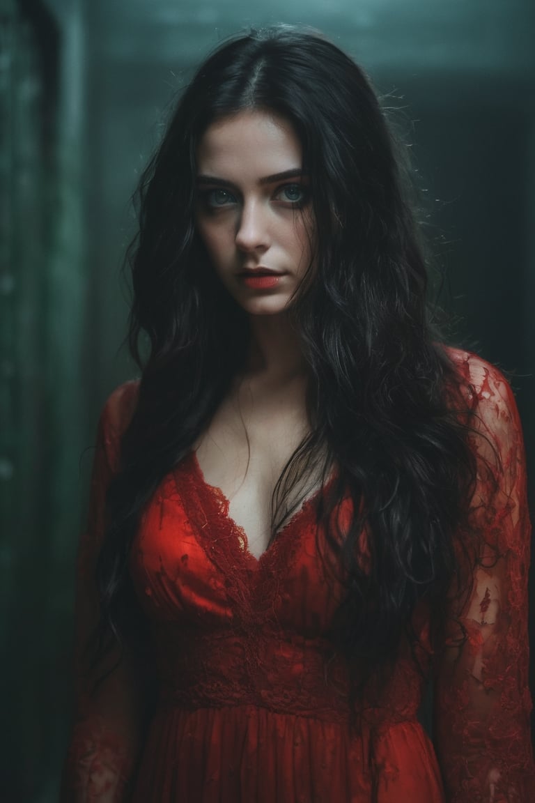 raw realistic cinematic potrait of beautiful girl in red  dress, black long wavy hair, light green eyes,,standing in dark room drenched in blood, lethal look, beauty, killing beautiful woman,  grainy cinematic, godlyphoto r3al, detailmaster2, aesthetic portrait, cinematic colors, earthy, moody