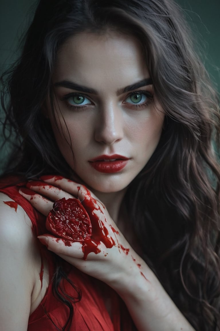 raw realistic cinematic potrait of beautiful girl in red  dress, black long wavy hair, light green eyes, a sharp knife in her hand close to her face,standing in dark room drenched in blood, lethal look, beauty, killing beautiful woman, blood on her face and body grainy cinematic, godlyphoto r3al, detailmaster2, aesthetic portrait, cinematic colors, earthy, moody