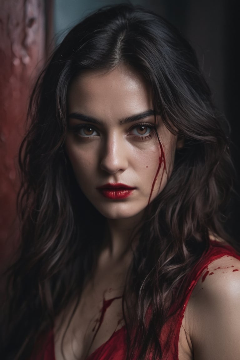 raw realistic cinematic potrait of beautiful girl in red  dress, black long wavy hair, light brown eyes, a sharp knife in her hand close to her face,standing in dark room drenched in blood, lethal look, beauty, killing beautiful woman, blood on her face and body grainy cinematic, godlyphoto r3al, detailmaster2, aesthetic portrait, cinematic colors, earthy, moody