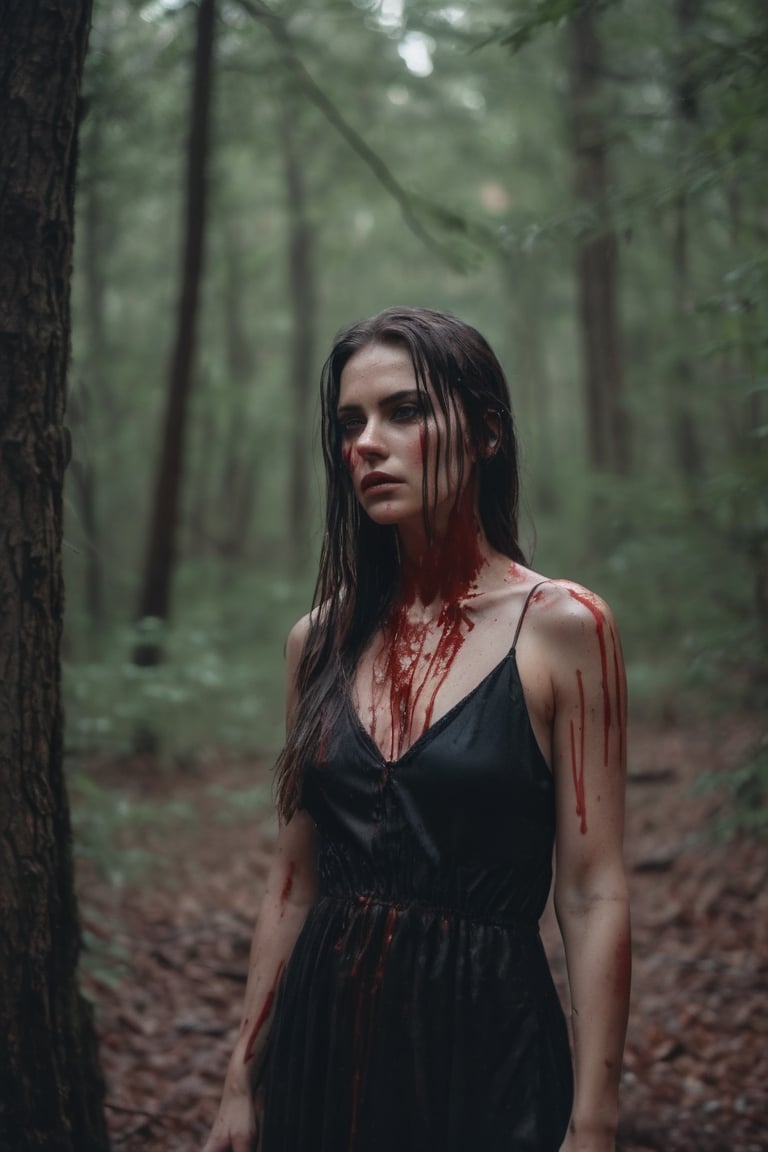 raw realistic cinematic potrait of beautiful woman in black dress standing in woods, drenched in blood, lethal look, beauty, killing beautiful woman, blood on her face and body grainy cinematic, godlyphoto r3al, detailmaster2, aesthetic portrait, cinematic colors, earthy, moody