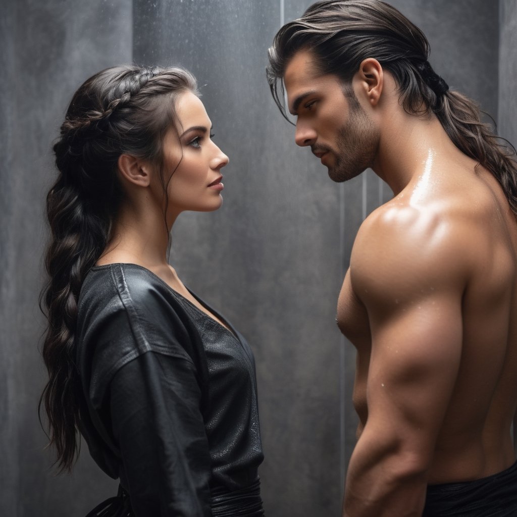 ,realistic cinematic potrait close up medival times fantasy potarait of a beautiful couple standing facing each other ,his 
dark tousled hair extremely handsome , clean shaven, smooth jaw ,strong muscular guy, in black t-shirt ,looking at each other 
a beautiful woman with dark  long hair in braid
, gRey eyes,in black leather clothes drenched , standing in bathing room grey wall shower background,  perfect body,, perfect beautiful face grainy cinematic, godlyphoto r3al, detailmaster2, aesthetic portrait, cinematic colors, earthy, moody