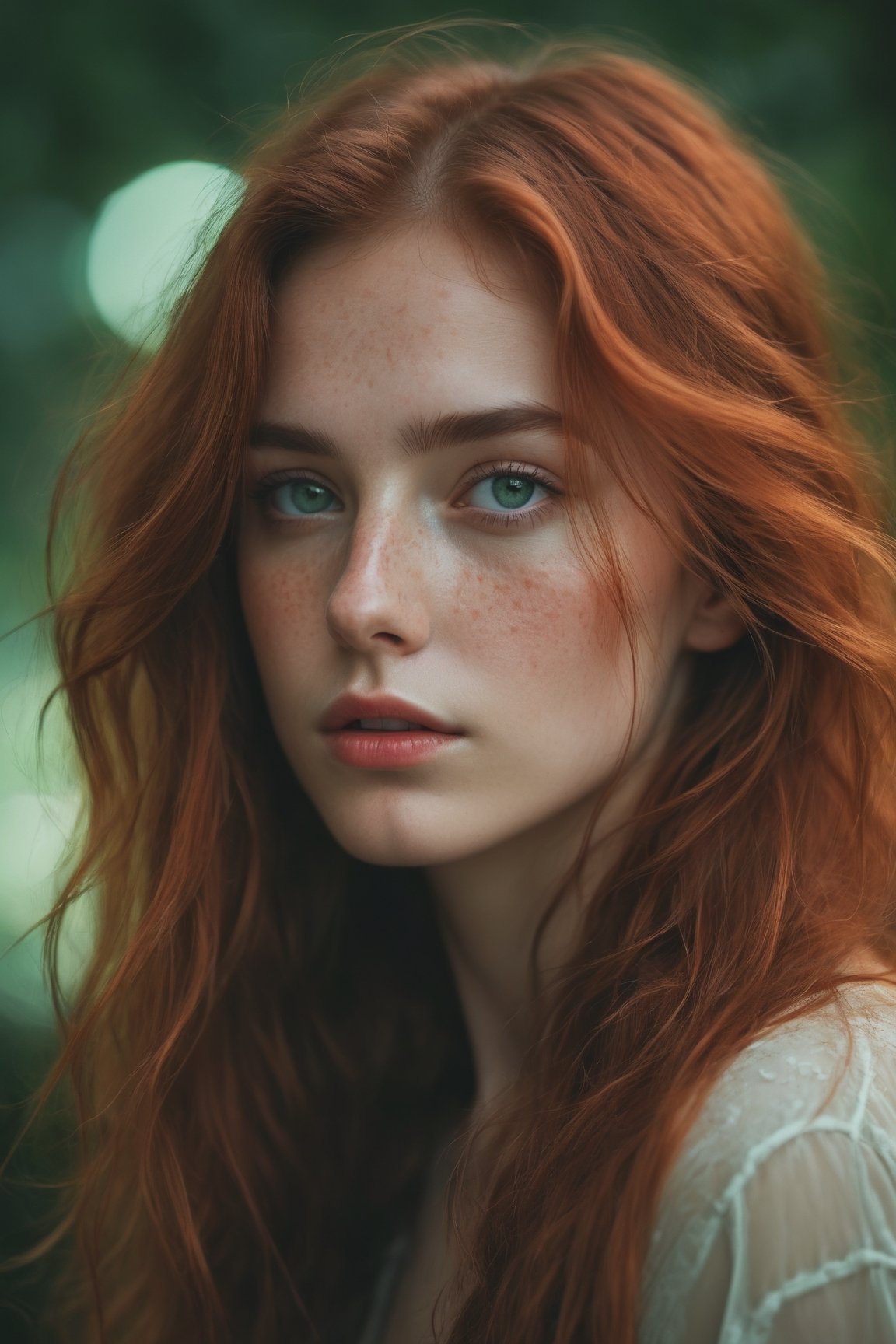 raw realistic potarait of beautiful girl long Hair so red and wavy falling just surrounding a circular face with softness, light freckles on her nose, naturally arched red eyebrows over bright green eyes that looked almost blue in some lights., indoor background 
grainy cinematic,  godlyphoto r3al,detailmaster2,aesthetic portrait, cinematic colors, earthy , moody,  look , grainy cinematic, fantasy vibes  godlyphoto r3al,detailmaster2,aesthetic portrait, cinematic colors, earthy , moody,  