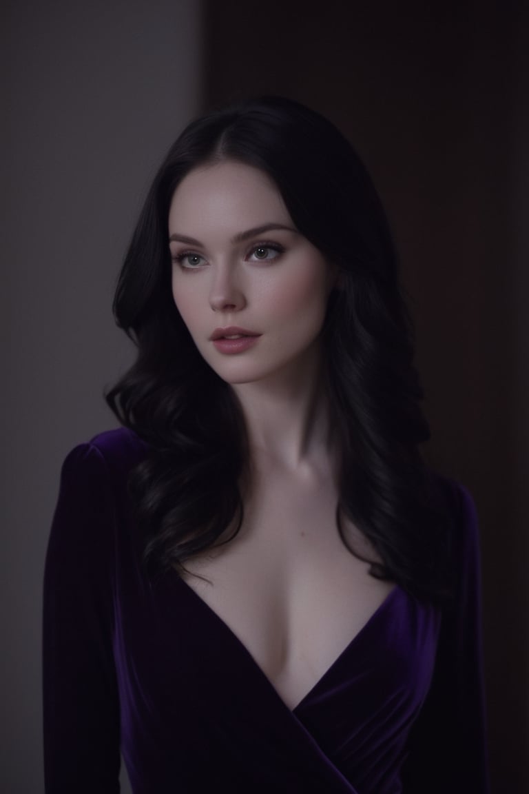 raw realistic cinematic scene of a beautiful girl pale skin, beautiful (( onyx black eyes )))))) long dark hair, beautiful face, high cheekbones,wearing purple velvet full sleeves gown, fitted perfect to her well formed body,
 standing in a  room , well form body, round breast,extremely beautiful,beautiful perfect face, perfect body,, perfect beautiful face grainy cinematic, godlyphoto r3al, detailmaster2, aesthetic portrait, cinematic colors, earthy, moody