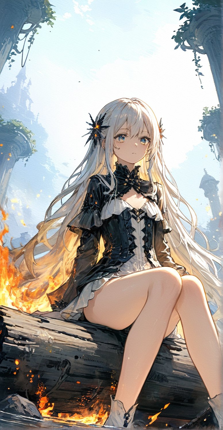 ultra high resolution, high resolution, 4K,, masterpiece, shot from below, flames, burning, embers, high detail face, high detail eyes, full body, clothes made of fire, liquid underwear, 1girl, flame hair, long Straight hair, very long hair, exquisite eyes, exquisite facial features, medium chest, sitting on a seat made of fire, burning transparent seat, legs crossed, (crossed_logs), beautiful location, middle of the sea, fantasy world , and more details, GdClth, Liquid Clothes, fire element, huoyin,firefliesfireflies
