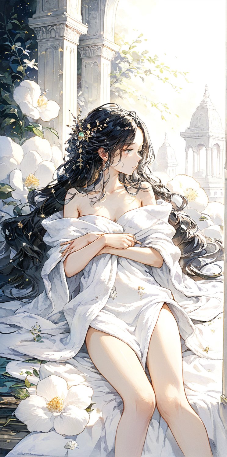 8k,HD,High resolution,A figure lay in a warm shelter. She was dressed in a white fluffy cotton towel clothing, with a comfortable and pure essence wrapped around her body. The sleeveless and strapless design highlights the natural elegance of the characters, allowing movements and emotions to flow freely. A pure white towel delicately wraps around the character's body, forming a tight silhouette that highlights the revival of simplicity and elegance. The soft and thick fabric, paired with fluffy trim, exudes a luxurious and soft feeling. The exposed shoulders and arms embrace a antique and heavy sword set with gemstones, and the knees protrude from the folds of the towel, interweaving fragility and strength at a glance. The character lies barefoot, connected to the earth in the dance of light and shadow, with the surrounding light caressing her skin, creating a warm and comfortable aura. The subtle changes in shadows and highlights add depth, as she is housed in a magnificent lacquered box adorned with intricate floral patterns. As this painting stands in this temple filled with brightness and comfort,