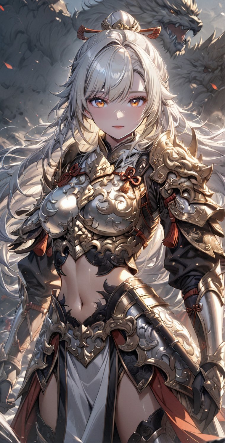 Girl, detailed composition, changes in light and shadow, half-length shot, fine silver hair, long silver hair, serious face, ferocious expression, medium chest, pure white carved armor, exposed navel, Chinese Mingguang armor, female general, war, battlefield, Bloody, Sunshine, Masterpiece, Best Quality, 8k, Rebellious Girl, Exquisite\(Armor\), Masterpiece, Pastel,Chinese_armor,MG_jixie