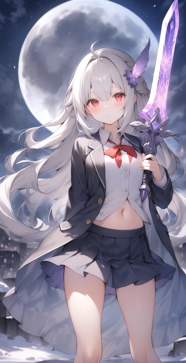 Masterpiece, top quality, beauty, luminous sword, 1girl, girl, solo, holding sword, purple luminous sword, school uniform, student uniform, white hair, flying long hair, exposed navel, purple miniskirt, magic circle, red eyes, Night, moon, ruined city, snow, purple flowers, purple magic butterflies, purple magic feathers, beauty, watercolor \(center\), very detailed,princess