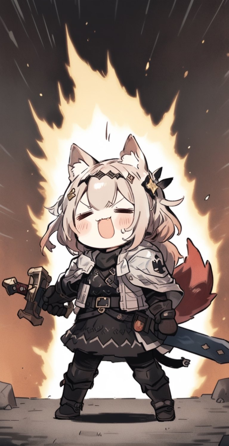 cute knight, 1girl, weapon, sword, :3, holding sword, eyes closed, open clothes, jacket armor, open jacket, solo, flaming weapon, animal ear fluff, tail, =_=, facing the audience, Zhang Open mouth, belt, cat ears, howl, raised arms, comic style effects, accent lines,
Masterpiece, best quality, aesthetic, 8k, high resolution,