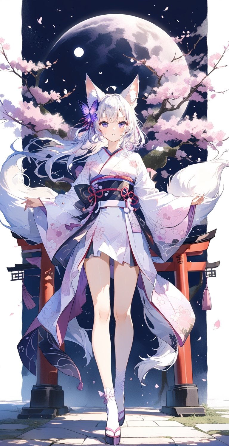 Black and white line drawing, 8k high resolution, ultra high resolution picture quality, masterpiece, boutique, aesthetic, 1girl, demon fox, fox ears, fox fairy, butterfly hair accessory, huge plush fox tail, white hair translucent, light pink kimono , kimono blooming sakura flower pattern, standing on tiptoes, purple eyes, sakura, glowing light spots, huge torii shrine, simple watercolor background, very detailed,black and white