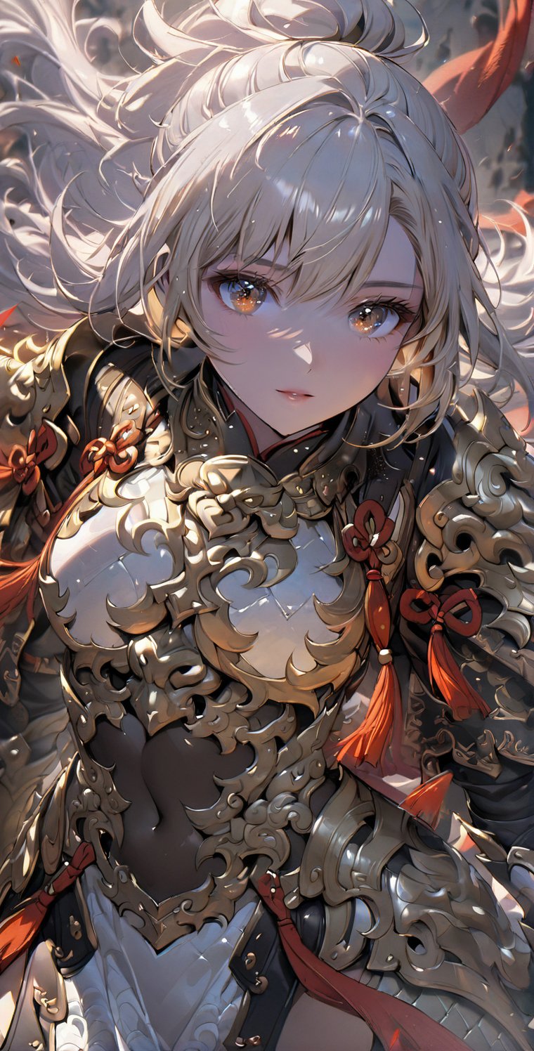 Girl, detailed composition, changes in light and shadow, half-length shot, fine silver hair, long silver hair, serious face, ferocious expression, medium chest, pure white carved armor, exposed navel, Chinese Mingguang armor, female general, war, battlefield, Bloody, Sunshine, Masterpiece, Best Quality, 8k, Rebellious Girl, Exquisite\(Armor\), Masterpiece, Pastel,Chinese_armor,MG_jixie