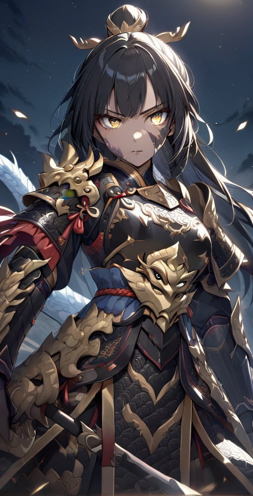 Ultra high resolution, 8K, masterpiece, detailed light and shadow, glowing night sky stars, night, 1 girl, solo, staring at viewer, high detail face, silver high detail shiny eyes, black shiny detailed hair , fair skin, fierce eyes, serious expression, armor, armor full of scars, Chinese armor, exquisite facial features, a bit dirty face, light lipstick, medium chest, perfect body, general, general, machete, holding dragon pattern Gold-inlaid sword, drawn sword, chilling aura, battlefield,Chinese_armor,ichijou ayaka,brave perspective