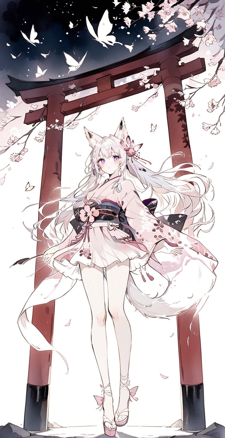 Black and white line drawing, 8k high resolution, ultra high resolution picture quality, masterpiece, boutique, aesthetic, 1girl, demon fox, fox ears, fox fairy, butterfly hair accessory, huge plush fox tail, white hair translucent, light pink kimono , kimono blooming sakura flower pattern, standing on tiptoes, purple eyes, sakura, glowing light spots, huge torii shrine, simple watercolor background, very detailed,black and white