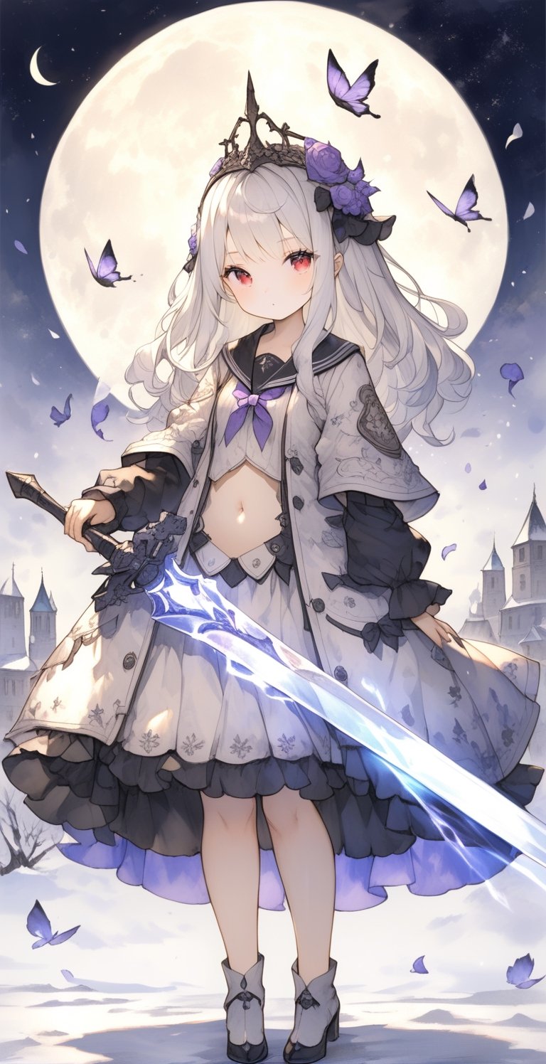 Masterpiece, top quality, beauty, luminous sword, 1girl, girl, solo, holding sword, purple luminous sword, school uniform, student uniform, white hair, flying long hair, exposed navel, purple miniskirt, magic circle, red eyes, Night, moon, ruined city, snow, purple flowers, purple magic butterflies, purple magic feathers, beauty, watercolor \(center\), very detailed,princess