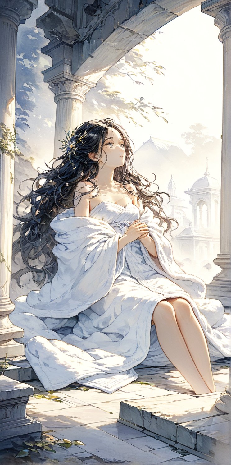 8k,HD,High resolution,A figure lay in a warm shelter. She was dressed in a white fluffy cotton towel clothing, with a comfortable and pure essence wrapped around her body. The sleeveless and strapless design highlights the natural elegance of the characters, allowing movements and emotions to flow freely. A pure white towel delicately wraps around the character's body, forming a tight silhouette that highlights the revival of simplicity and elegance. The soft and thick fabric, paired with fluffy trim, exudes a luxurious and soft feeling. The exposed shoulders and arms embrace a antique and heavy sword set with gemstones, and the knees protrude from the folds of the towel, interweaving fragility and strength at a glance. The character lies barefoot, connected to the earth in the dance of light and shadow, with the surrounding light caressing her skin, creating a warm and comfortable aura. The subtle changes in shadows and highlights add depth, as she is housed in a magnificent lacquered box adorned with intricate floral patterns. As this painting stands in this temple filled with brightness and comfort,