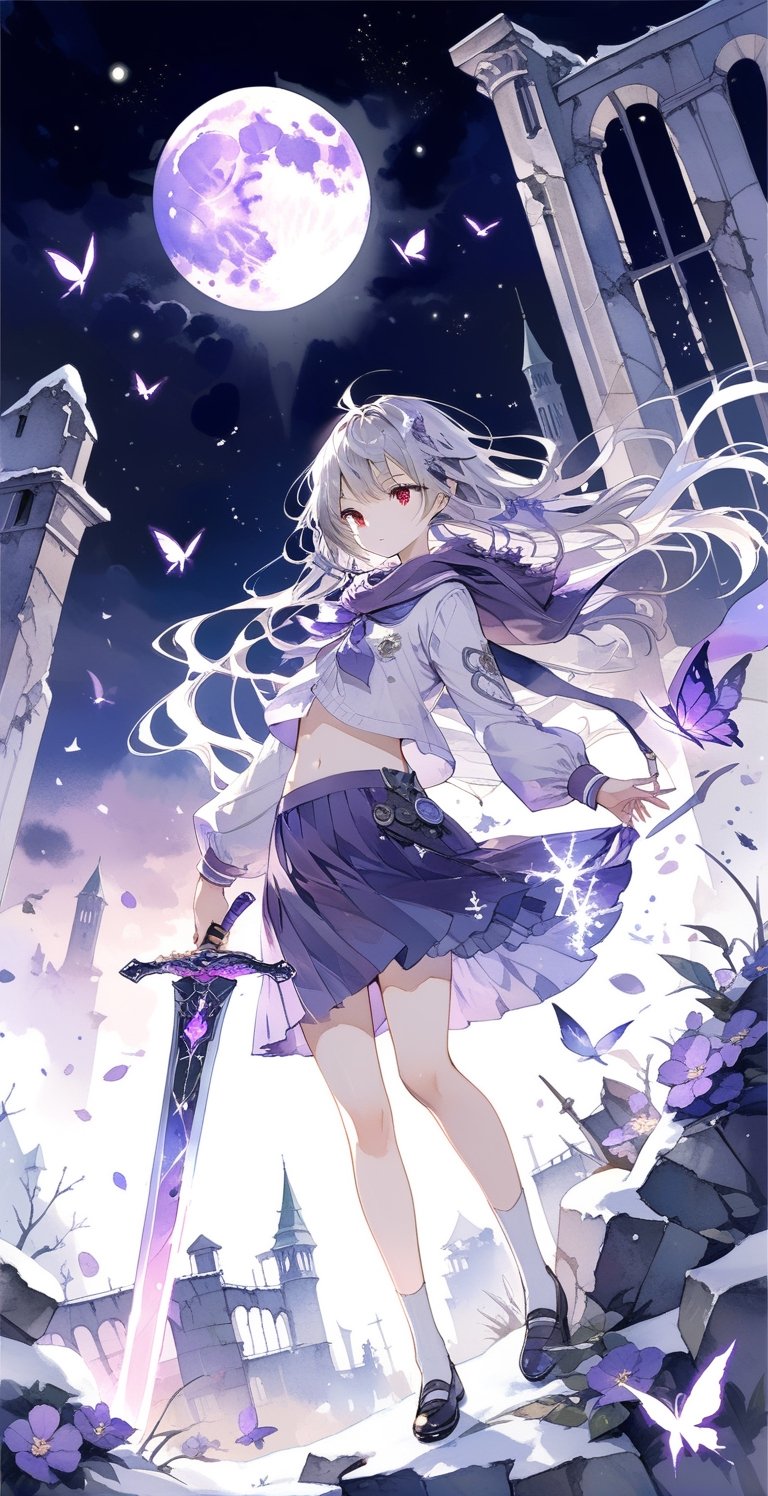 masterpiece, best, aesthetic, glowing sword, 1girl, girl, solo, sword holding, purple glowing sword, school uniform, student uniform, white hair, messy hair, exposed navel, purple skirt, red eyes, night, moon, ruins City, snow, purple flowers, purple magic butterfly, purple magic feather, beauty, watercolor \(center\), very detailed,watercolor \(medium\)