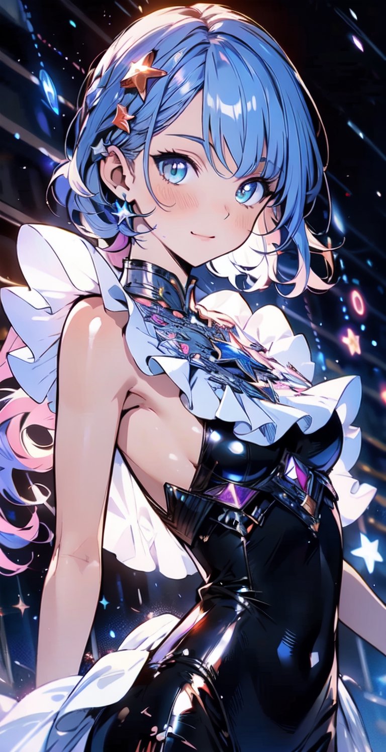 masterpiece, best quality, daytime, masterpiece, best quality, official art, extremely detailed CG uniform 8k wallpaper, night, starry sky, moonlight, moon, mature woman, camera view from below, light blue hair, Pink hair, colored undercoat, long curly hair, seductive smile, blush, sparkling eyes, medium chest, {{{{dark blue armor with twinkling stars in the blue sky}}}, many glowing points of light, {{open breasts}},{{showing a little underwear}}, comics, too ridiculous, unreal, wallpaper, light, photo, album, reality,medieval armor,marb1e4rmor,marble,frilled shirt collar,midjourney