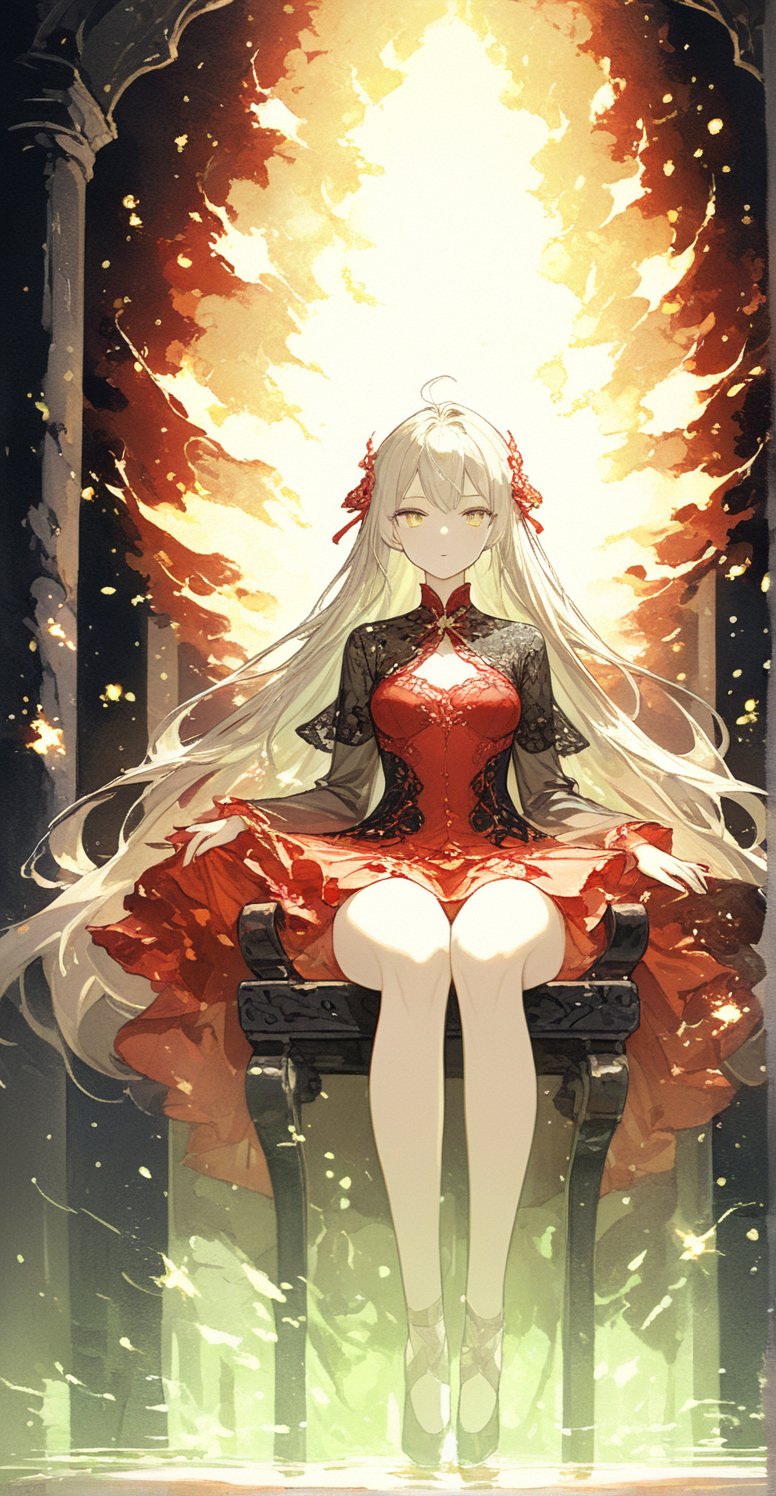 ultra high resolution, high resolution, 4K,, masterpiece, shot from below, flames, burning, embers, high detail face, high detail eyes, full body, clothes made of fire, liquid underwear, 1girl, flame hair, long Straight hair, very long hair, exquisite eyes, exquisite facial features, medium chest, sitting on a seat made of fire, burning transparent seat, legs crossed, (crossed_logs), beautiful location, middle of the sea, fantasy world , and more details, GdClth, Liquid Clothes, fire element, huoyin,firefliesfireflies,Fluorescent Art