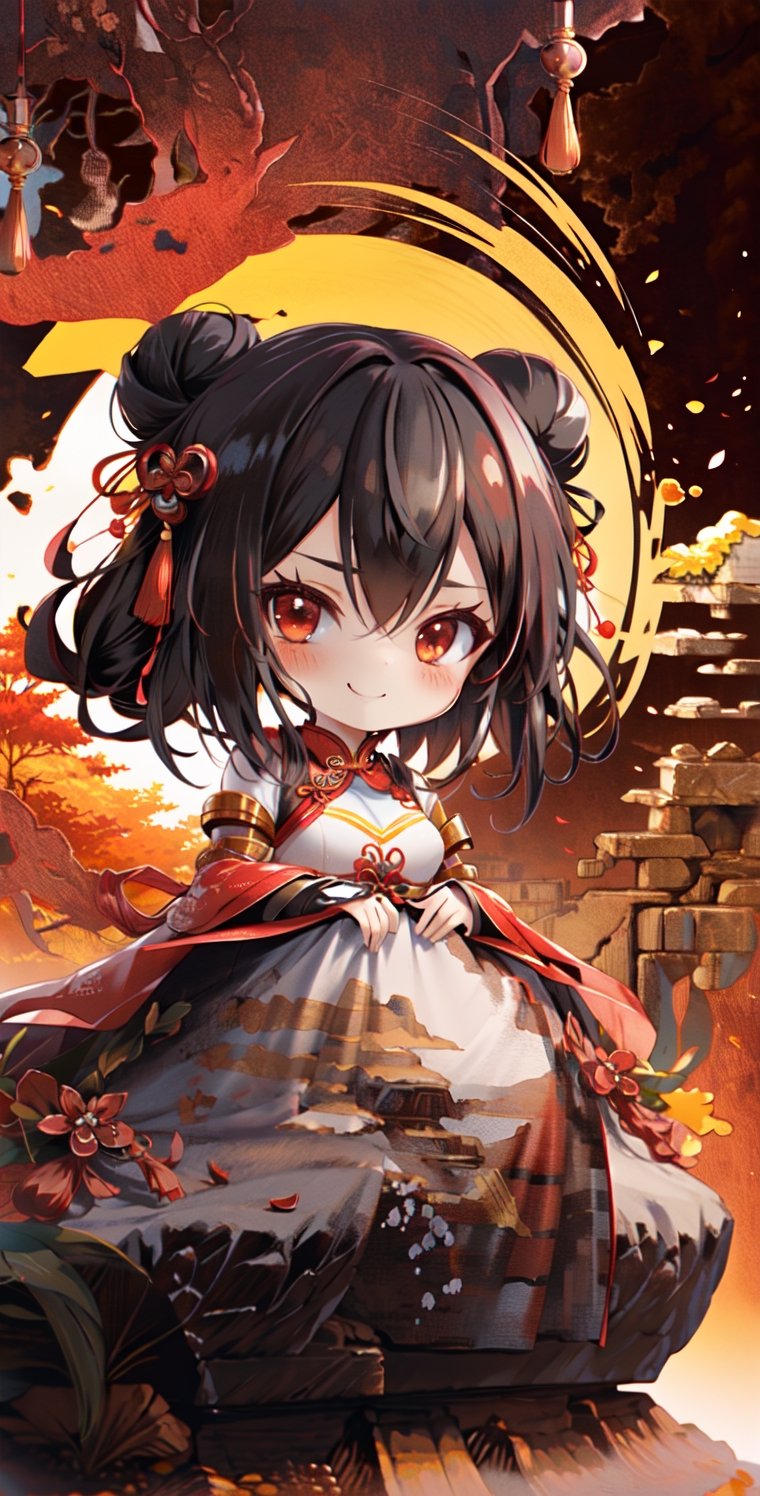 Girl, medium hair, half body shot, light black hair, double bun, determined face, smile, erotic expression, medium breasts, red armor, Chinese armor, stretched, straight body, in sandy wilderness, sunshine, masterpiece, best quality, 8k,Rebellious girl,delicate\(armor\),masterpiece,sanguozhi,chibi