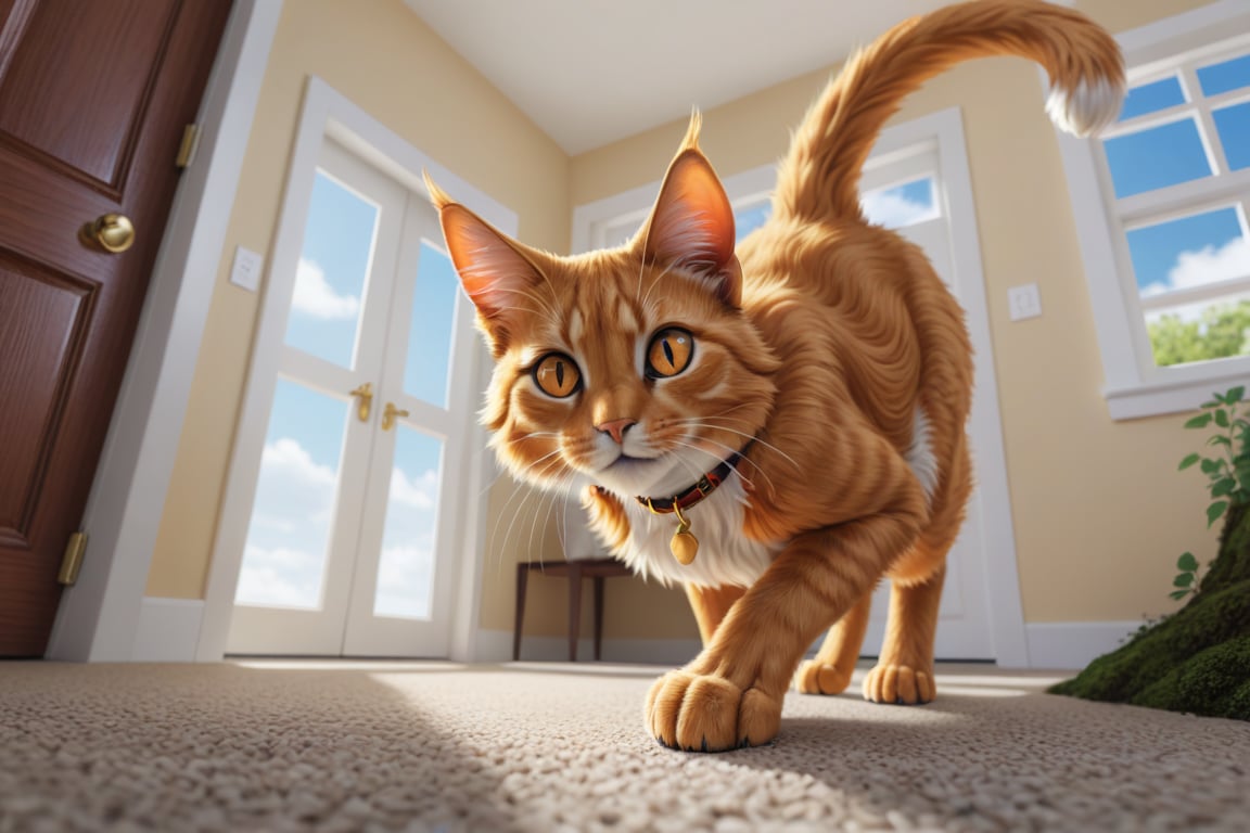 ((house_cat)), ((cat)), solo, Orange cat, golden eyes, animal, female, feral fur, furry, nakid, full body, cat collar, four legs, tail, animal_genetalia, looking at viewer, low-angle_view, low-angle shot, giant, macro, inside house, in doors, quality, shaded, extreme detail, highly detailed, ultradetailed, intricate, realistic, detailed background, hi res, realistic, vore, voreaphilia, hunting, hunter, pray point of view,