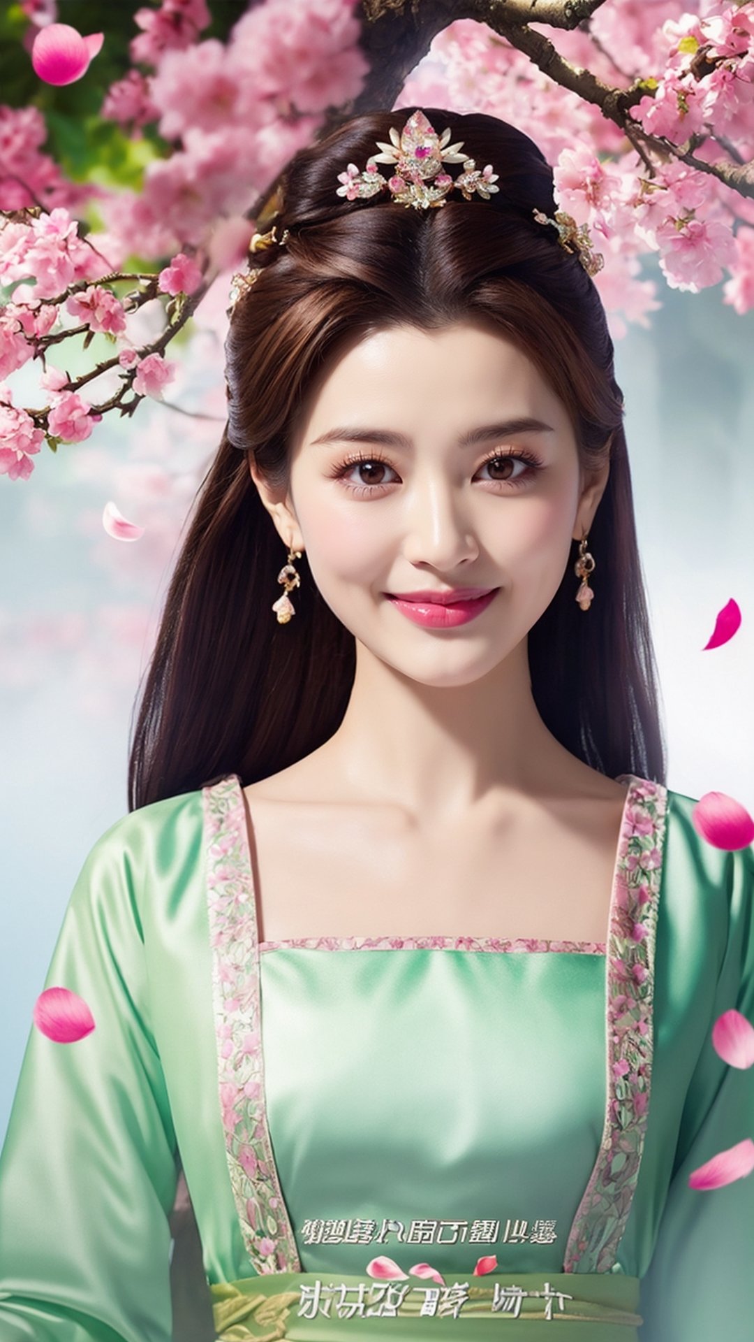 poster wallpaper, 1girl, solo, long hair, looking at viewer, brown hair, hair ornament, long sleeves, dress, holding, brown eyes, jewelry, upper body, earrings, watermark, chinese clothes, black hair, brown eyes, tree, lips, petals, cherry blossoms, realistic, chinese text, hanfu, tienhiep, smile