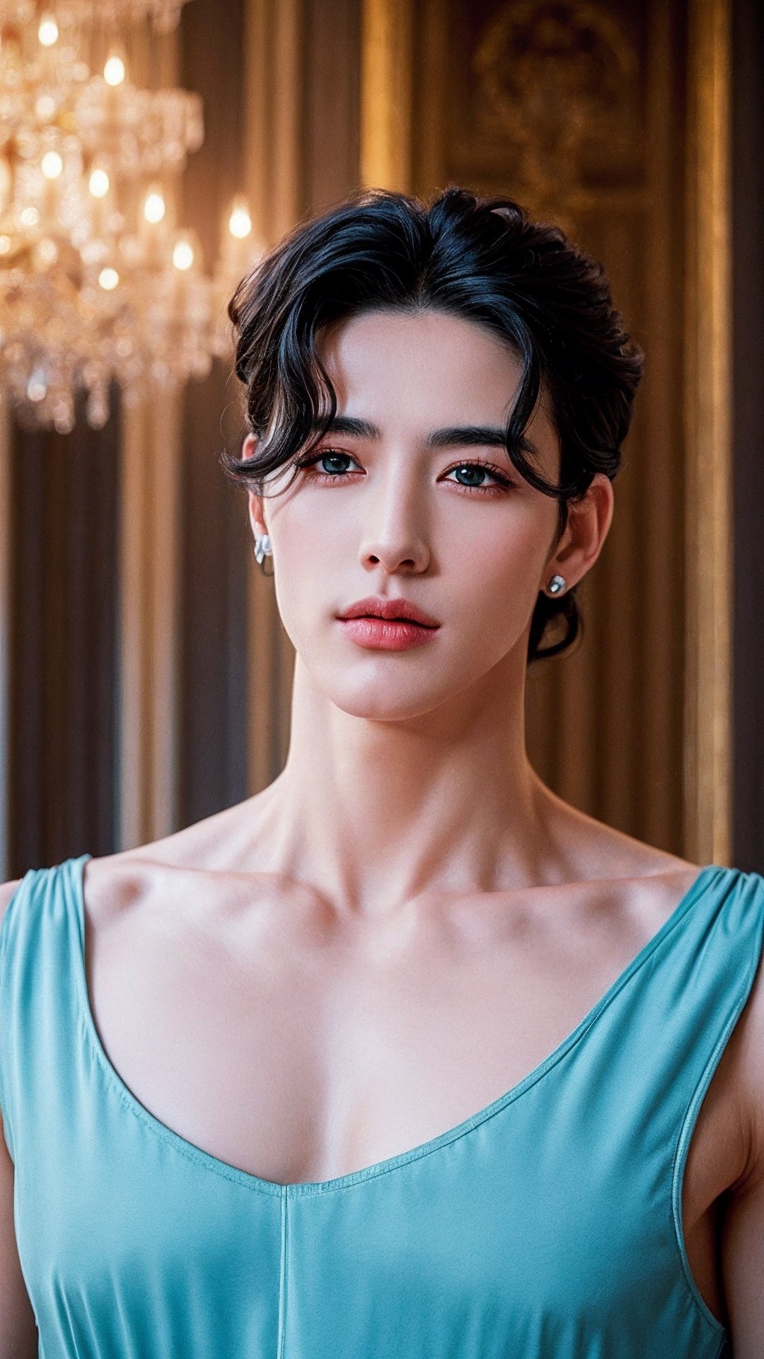 masterpiece, best quality, highly detailed face, perfect anatomy, (kujo jotaro, solo), shirtless, (blue greenish Eyes, black Hair), 1girl, medium length hair, stud earrings, 
A girl in a modern, elegant ball gown, styled with a sleek updo and minimalist jewelry. She should have a confident, regal expression. The background is a luxurious modern palace, with clean lines, high ceilings, and extravagant chandeliers. The photo should be shot in high definition, with a sharp focus on the subject and a soft, blurred background for a captivating portrait,kujo jotaro