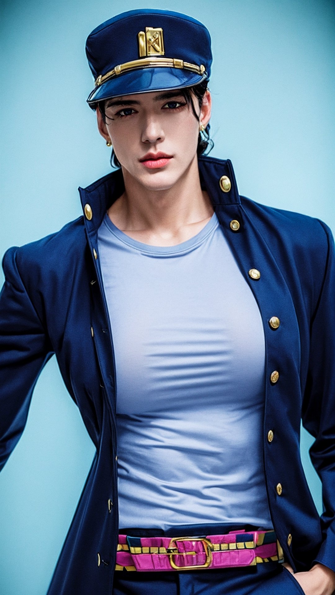 masterpiece,  best quality,  1girl,  solo,  (breast,  huge breast),  long sleeves
highly detailed face,  perfect anatomy,  (kujo jotaro,  solo),  (blue greenish Eyes,  black Hair),  medium length hair,  stud earrings,  long coat,  shirt, kujo jotaro,