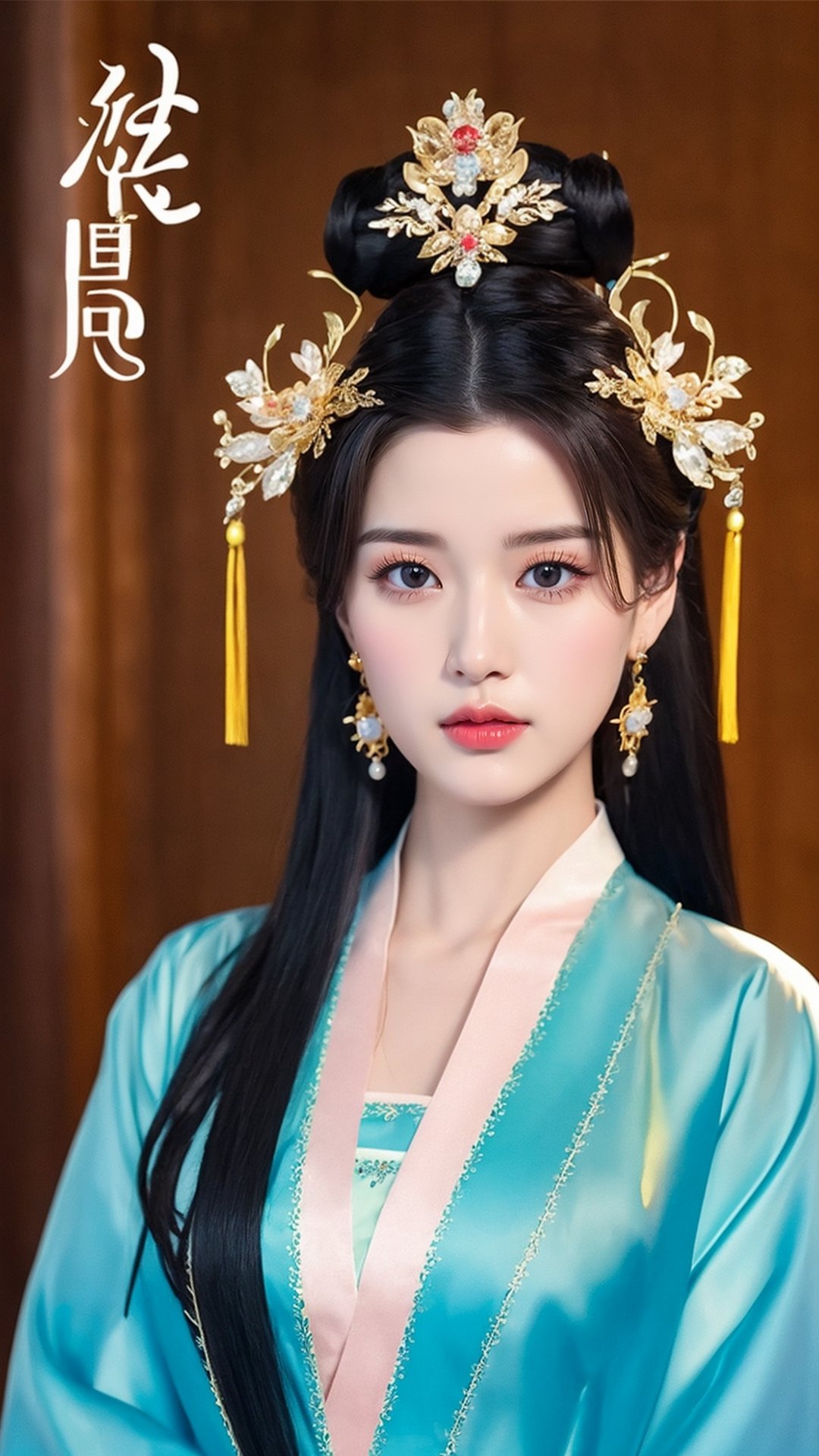 fairy hanfu, 1girl, solo, long hair, looking at viewer, black hair, hair ornament, jewelry, upper body, earrings, black eyes, chinese clothes, realistic, chinese text, hanfu, tienhiep,Hanfu,tienhiep