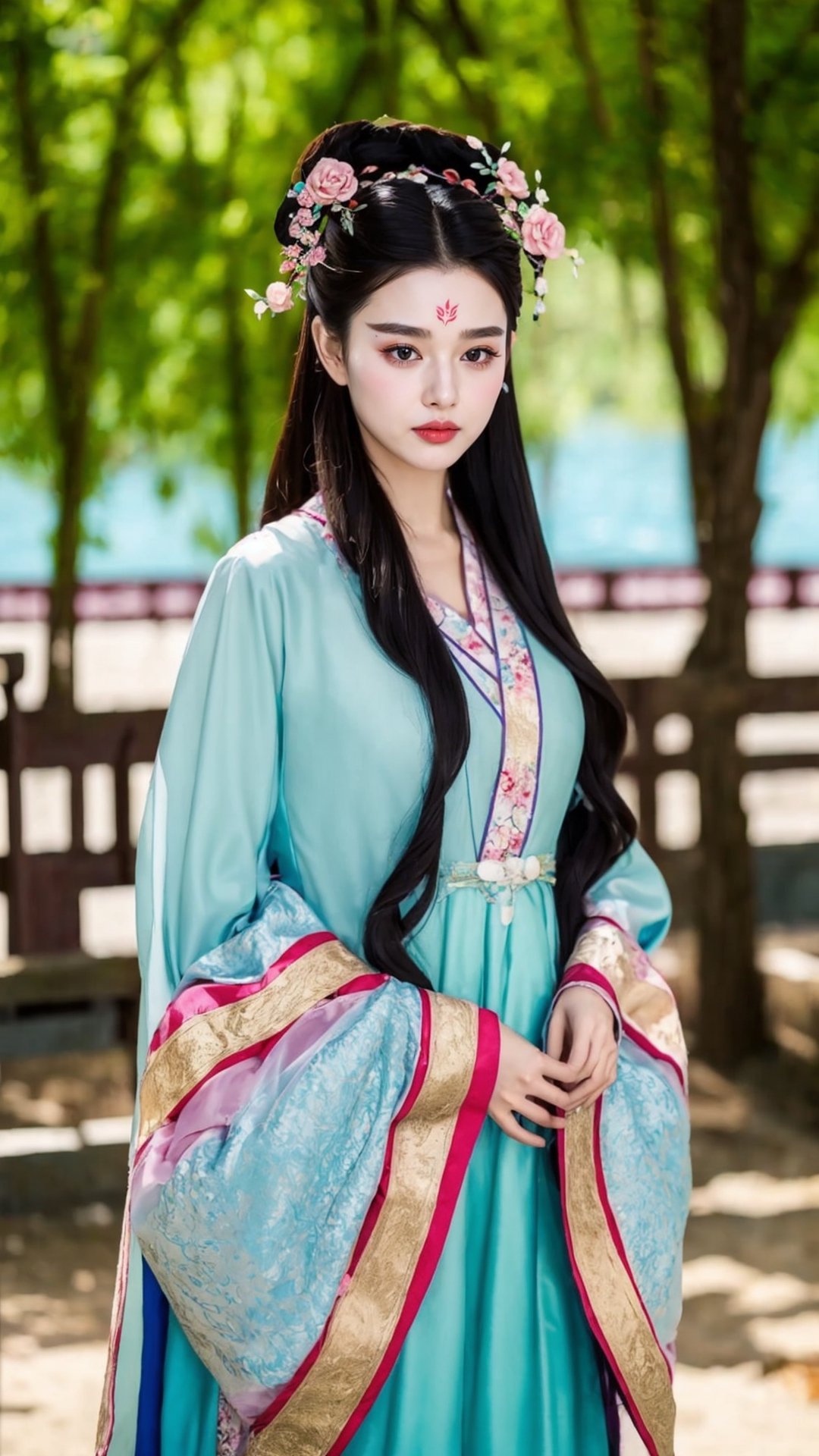 fairy hanfu, 1girl, solo, long hair, black hair, hair ornament, long sleeves, upper body, flower, see-through, blurry background, facial mark, chinese clothes, forehead mark, realistic, hanfu, tienhiep