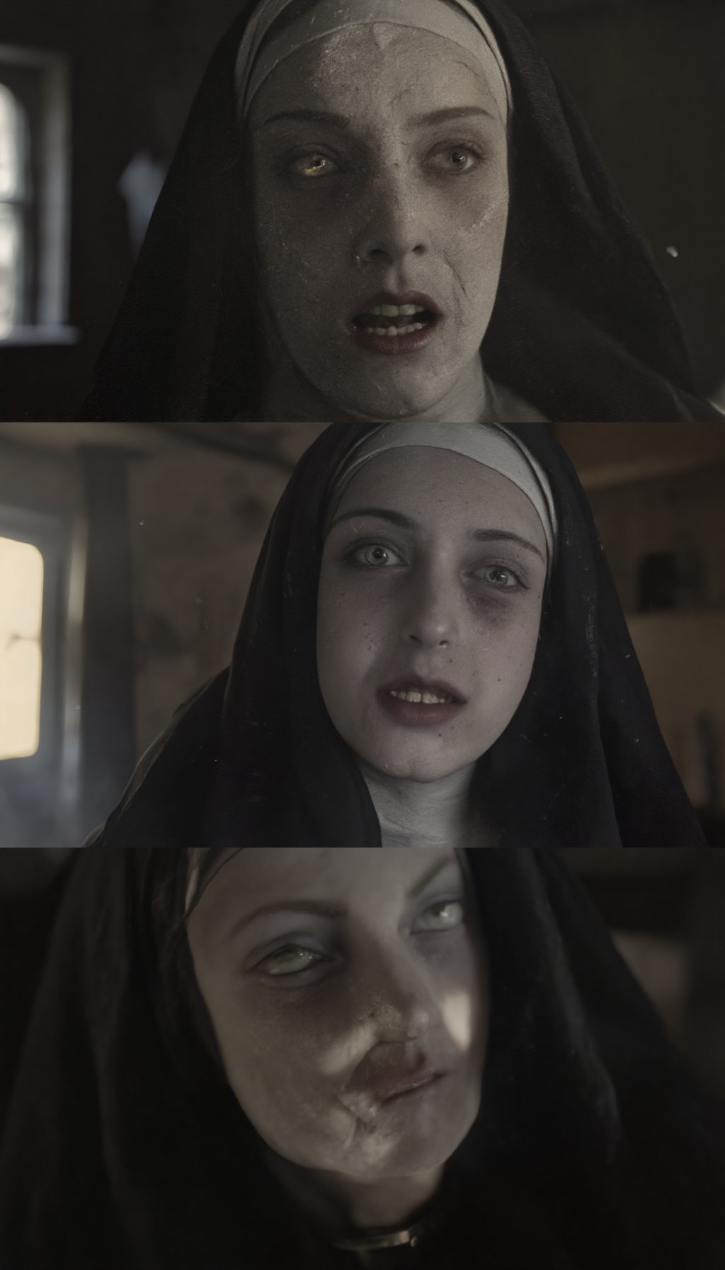 This image is a high-resolution photograph depicting a scene from the horror film "The Nun," featuring a close-up of a nun's face. The nun is wearing a traditional black and white habit with a white wimple covering her head and neck. Her face is pale and gaunt, with dark circles under her eyes and a sinister, almost demonic expression. Her eyes are wide open, with a piercing, glowing green hue, and her mouth is open, revealing sharp, pointed teeth. The lighting is dim, casting a shadow over her face and highlighting the stark contrast between her pale skin and the dark areas around her eyes and mouth. The background is blurred, but it appears to be an old, dilapidated building, adding to the eerie atmosphere. The overall tone of the image is dark and foreboding, evoking a sense of dread and fear. The photograph captures the intense, haunting presence of the nun, emphasizing the horror and supernatural elements of the film.