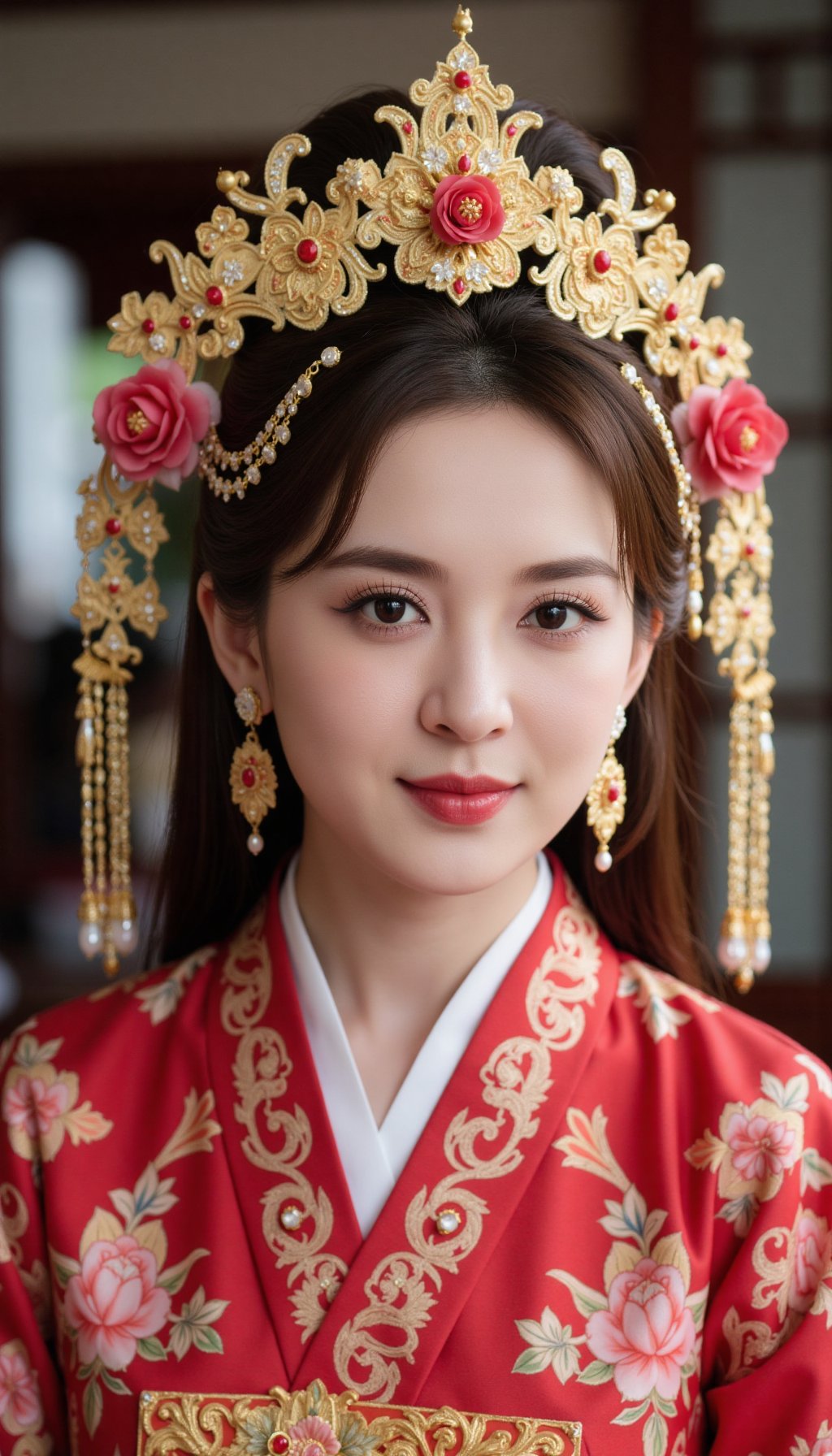 A person wearing a traditional East Asian headdress with intricate gold and red designs, adorned with flowers.