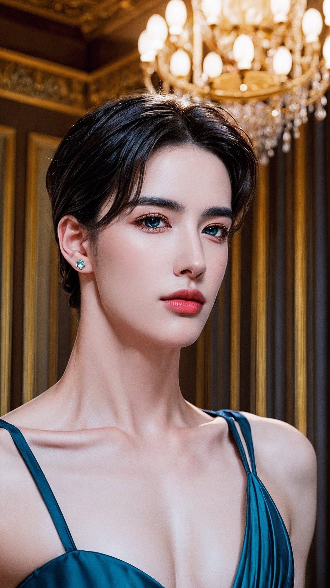 masterpiece, best quality, highly detailed face, perfect anatomy, (kujo jotaro, solo), shirtless, (blue greenish Eyes, black Hair), 1girl, medium length hair, stud earrings, 
A girl in a modern, elegant ball gown, styled with a sleek updo and minimalist jewelry. She should have a confident, regal expression. The background is a luxurious modern palace, with clean lines, high ceilings, and extravagant chandeliers. The photo should be shot in high definition, with a sharp focus on the subject and a soft, blurred background for a captivating portrait,kujo jotaro