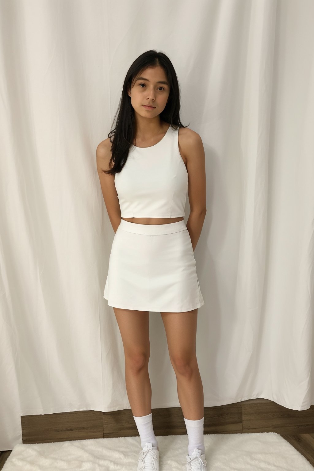 1girl, solo, long hair, looking at viewer, black eyes, lips, head tilt, black hair, arms behind back, full_body, navle,
white tanktop, white miniskirt, tight miniskirt, white shoes, white socks, 
cowboy shot, indoors, realistic, inside photography studio, white curtain, 
((standing, thighs, front view))