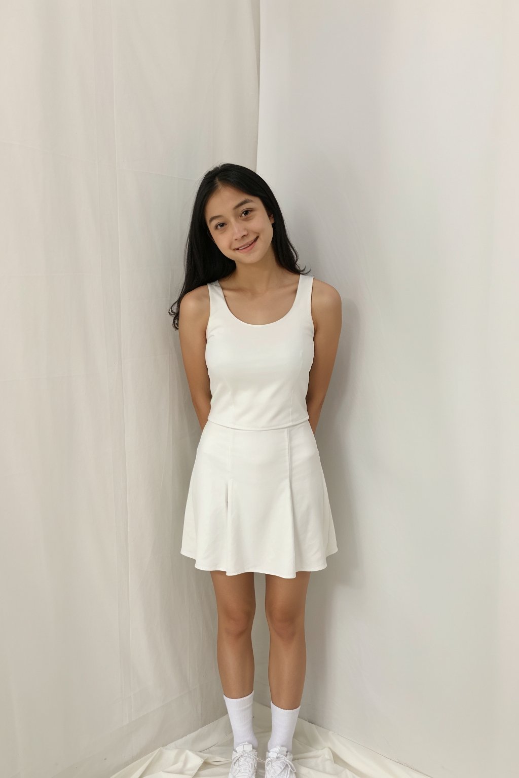 1girl, solo, long hair, looking at viewer, black eyes, lips, head tilt, smile, black hair, bare shoulders, closed mouth, standing, arms behind back, 
white shirt, white miniskirt, tight miniskirt, sleeveless shirt, shirt tucked in, white shoes, white socks, 
cowboy shot, indoors, realistic, full_body