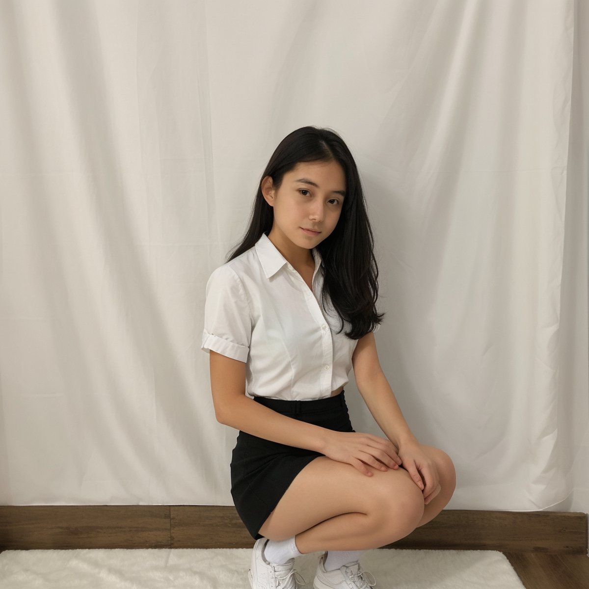 1girl, solo, long hair, looking at viewer, black eyes, lips, head tilt, black hair, arms behind back, full_body, navle,
panties, white long shirt, white miniskirt, tight miniskirt, white shoes, white socks, 
cowboy shot, indoors, realistic, inside photography studio, white curtain, 
((squat, spread thighs, crotch, front view))