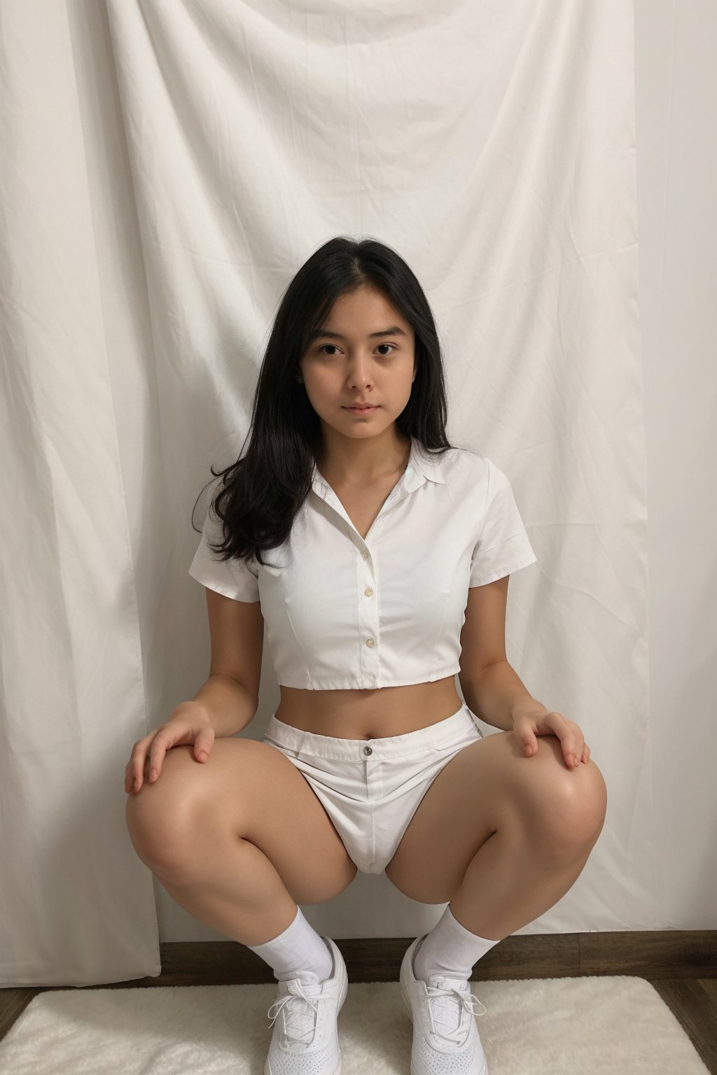 1girl, solo, long hair, looking at viewer, black eyes, lips, head tilt, black hair, arms behind back, full_body, navle,
panties, white long shirt, white miniskirt, tight miniskirt, white shoes, white socks, 
cowboy shot, indoors, realistic, inside photography studio, white curtain, 
((squat, spread thighs, crotch, front view))