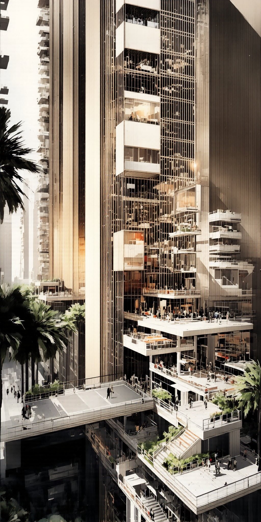 a painting of A Landmark Architectural Masterpiece — A Technological Beacon for Urban Prosperity 1. Project Overview This proposal aims to present a landmark building to the city government that seamlessly blends cutting-edge design, technological sophistication, and sustainability. The skyscraper symbolizes urban vitality, acting as both a piece of architectural art and a testament to technological progress. It will not only boost the local economy but also serve as an iconic symbol of the city’s forward-looking urban development, shaping the future of urban living. 2. Design Philosophy: Merging Avant-Garde Aesthetics and Future Technology The building’s façade features an innovative latticework of slender metal strips, creating intricate shadow patterns that enhance its futuristic aesthetic and high-tech feel. This design choice is not purely ornamental but functional as well, utilizing natural light and shadow to regulate indoor temperature, thus reducing energy consumption for air conditioning. The use of advanced materials and construction techniques demonstrates the application of cutting-edge architectural technology, offering citizens a modern, comfortable urban environment. 3. Impact on the Urban Landscape and Public Value The design prioritizes the enhancement of citizens’ everyday experiences. The surrounding palm trees, pedestrian areas, parks, and integrated parking facilities provide a seamless connection between nature and urban infrastructure. These elements not only create a green, accessible public space but also promote sustainable urban development, fostering a deeper sense of community. What sets this building apart is its multifunctionality. In addition to providing commercial and residential spaces, it will be equipped with smart systems designed to elevate the daily lives of residents and visitors. Features such as automated parking, intelligent security, and full 5G connectivity will ensure a seamless digital experience. This design aligns with the future trends of smart city development, offering forward-thinking solutions that improve the quality of life for the city's residents. 4. Nighttime Aesthetics and Positive Urban Impact At night, the building will transform into a luminous focal point of the city’s skyline. Through intelligent lighting technology, the building’s illumination system will adjust based on the time of day, optimizing brightness and synchronizing with the broader urban lighting network. This lighting strategy will not only minimize light pollution but also highlight the architectural beauty, creating a captivating cityscape after dark. The ground-level public spaces will host open-air theaters, rest areas, and art exhibitions, inviting citizens to enjoy cultural and social activities in the evening. These diverse public amenities will foster a sense of belonging and encourage nighttime engagement, further stimulating the local economy and enriching the cultural landscape. 5. Economic and Urban Vision This investment not only has the potential to significantly boost the city’s economic growth but also serves as a platform for exploring new technologies and cutting-edge urban design. The building will act as a catalyst for economic activity in the surrounding area, attracting innovative companies and forming the core of a new business district. Its technological sophistication and positive contribution to the nighttime cityscape will project a dynamic and forward-thinking image, aligning with the city’s long-term vision for growth and development. Conclusion: This avant-garde skyscraper will serve as a beacon of urban prosperity, reflecting the future of architectural design and technological innovation. Its citizen-centered approach ensures that the building enhances not just the city’s economic landscape, but the everyday experiences of its people. The dynamic nighttime design and thoughtfully crafted public spaces will create a vibrant urban experience, aligning with the city’s vision for a sustainable and prosperous future.