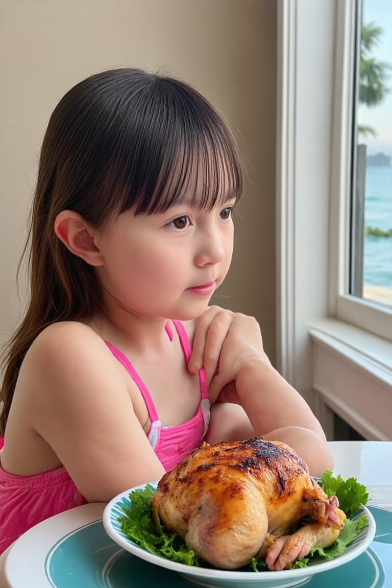 A serene summer afternoon scene: A lovely young girl, dressed in a bright swimsuit, sits by the bay window, gazing intently at the roasted chicken on the table. Soft sunlight filters through the window, casting a warm glow on her smooth skin and highlighting the tender expression on her face. The composition is simple yet inviting, drawing the viewer's attention to the girl's fascination with the savory treat.,hina