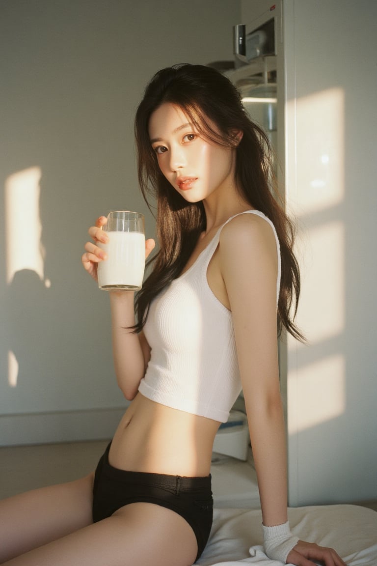 a proffesional photograph shot of Miss Universe Korean in the morning.messy_hair,shiny skin,The morning sun shines on her,She has milk in one hand, milk on her lips.Retro refrigerator behind her,she were white sleeveless, black dolphin short,white socks,extreme realism, real life, realistic image, high-quality lighting,16k UHD.aesthetic,analog film,(realistic face),realistic eyes,(realistic skin),ultra high res, ultra realistic, hightly detailed,golden ratio,Pastel tone.full body.