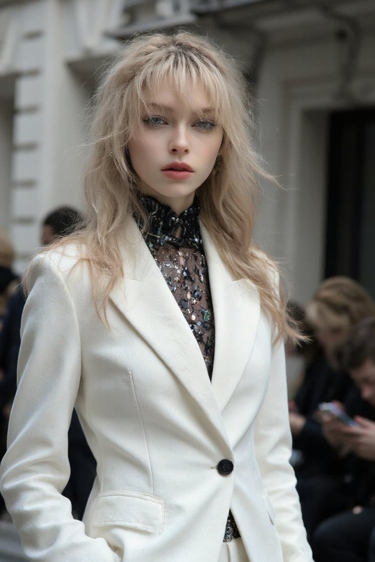 25 year old model. She is  walking in fashion-show. She is model posing for photography. Model has long wavy blonde hair and messy bangs and blue eyes. She wears white gothic suit, detailed.