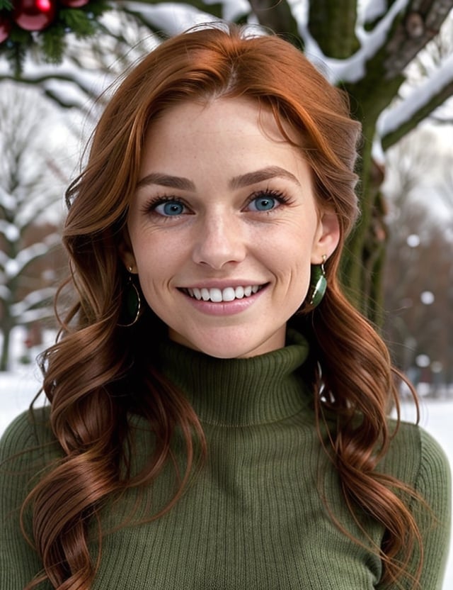 Detailed Irish redhead with a captivating presence. full body,  43 year old,  Luscious long curls cascade to the nape of h...