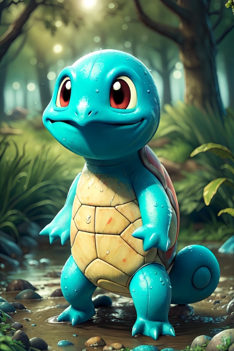 Standding,((best quality)),((highly detailed)), perfect anatomy, masterpiece,scenery,intricately detailed, hyperdetailed, blurry background, depth of field, best quality, masterpiece, intricate details, tonemapping, sharp focus, hyper detailed, high 1res, ((at night)),((in forest),squirtle , happy,  soaked ground , ,Squirtle_Pokemon