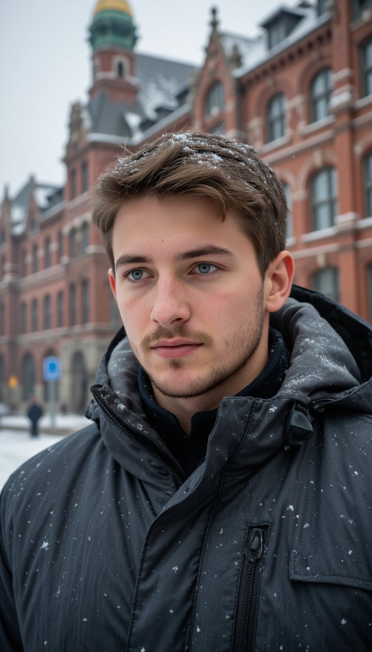 Clip_I: A young man with striking blue eyes stands outdoors in a snow-covered urban setting, likely near a historical building with ornate architecture. His short, well-groomed hair is slightly tousled, and his face is framed by a light beard and mustache. His skin appears natural with visible pores and a slight flush from the cold. He is wearing a dark, patterned winter jacket with snowflakes clinging to the fabric. Behind him, an iconic building with red brick and green and gold accents fades into a soft blur, adding depth to the image. Snow is gently falling, creating a serene, wintry atmosphere. His expression is calm and thoughtful, looking slightly to the side, while the cold weather adds a touch of redness to his cheeks and nose.

T5: Photorealistic, focusing on the detailed textures of his jacket and skin, particularly the snowflakes and the subtle reflection in his eyes. The background features soft bokeh, with the historical architecture slightly out of focus to emphasize the subject. The lighting is natural, capturing the crisp winter air and the cool tones of the scene. Mid-range shot, with a shallow depth of field to keep the subject sharp while softly blending the snow and background elements.