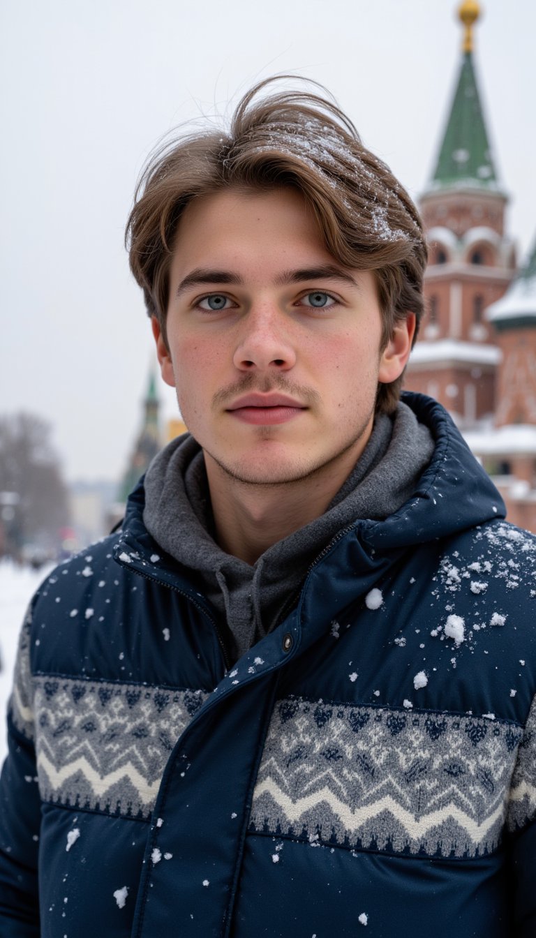 Clip_I: A close-up of a young man with bright, piercing blue eyes and light skin, standing in a snowy cityscape. His hair is a light brown, swept back but slightly windswept, with a few strands falling loosely over his forehead. His hair shows a subtle shine under the soft winter light, with individual strands visible. His face is detailed, showing a light layer of stubble around his chin and jawline, and his skin has a natural texture with visible pores, slight freckles, and a faint blush caused by the cold. His eyebrows are thick and slightly furrowed, giving him a focused, contemplative expression. His lips are slightly parted, and the cold has turned them a light shade of pink. His winter coat is dark blue, with intricate gray and white Nordic-style patterns along the chest and arms. Snowflakes rest on his coat and in his hair, melting slightly, while some stick to the rough fabric. The fabric of the coat appears insulated, with a padded texture, while the knitted patterns add a cozy feel. Behind him, the blurred silhouette of an ornate, historical building with green domes and golden spires provides depth, while soft snow continues to fall.

T5: Ultra-realistic close-up shot, with particular attention to the textures of his hair, the roughness of his stubble, and the slight flush on his skin from the cold. His winter coat’s fabric should show subtle wear and texture, with the snowflakes appearing delicate and distinct as they rest on his clothing and hair. Use soft, natural lighting from the overcast sky, highlighting his face while keeping the background softly out of focus, creating depth. The mood is calm and serene, with the cold winter atmosphere enhanced by the visible breath and snow falling in the background. The image should have a shallow depth of field, with the subject sharply in focus while the intricate historical building behind him remains slightly blurred.