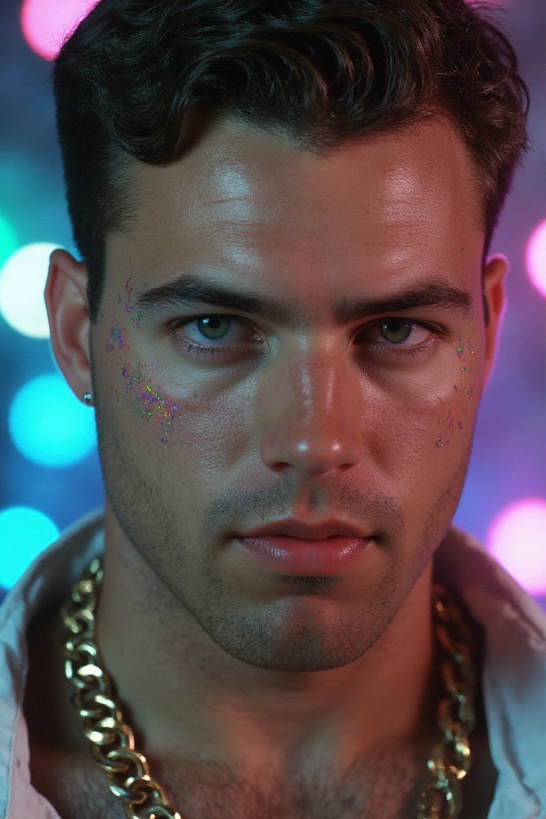 A highly detailed,  photorealistic digital image of a strikingly handsome young man with an intense gaze,  set against a d...