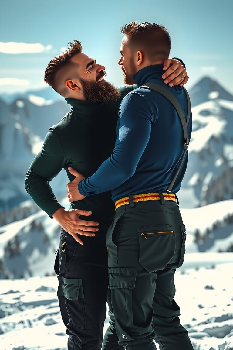 Generate an image, shot on a Hassalblad camera, of two men sharing a romantic kiss on a snowy mountain peak, with a breathtaking view of snow-covered mountains and blue skies in the background. Both men are dressed in cold-weather, sporty attire, showcasing their muscular physiques, as they stand closely, embracing one another against the wintery landscape.  Both men have with freckles and their skin has a rough texture with pimples, moles and beauty marks all over their skin and the pores of their skin can be seen.

The man on the left has light skin and a well-groomed beard. His brown hair is short and neatly styled, slightly tousled by the cold air. He is wearing a tight-fitting blue turtleneck sweater that accentuates his athletic build, especially his broad shoulders and toned arms. His left hand is gently placed on the other man's waist, while his right arm reaches around to hold his partner’s back, pulling him close. His face is angled slightly upward as he kisses his partner, eyes closed, savoring the moment.

The man on the right also has light skin, a clean-shaven face, and short brown hair. He wears a dark olive-green turtleneck sweater, equally snug to emphasize his muscular frame. His posture mirrors the man on the left, leaning in as they share the kiss, with his arms wrapped around his partner’s waist. His expression is tender and peaceful, his eyes closed in affection.

Both men are wearing black, insulated snow pants with suspenders, suited for the cold, mountainous environment. The snow beneath their feet is pristine and bright, contrasting with the darker clothing they wear. In the distance, the image captures the towering white peaks of the surrounding mountains, with deep blue skies and the soft light of the sun casting gentle shadows on the snow-covered slopes. The scene is one of warmth and connection, set against the majestic backdrop of nature’s winter beauty.