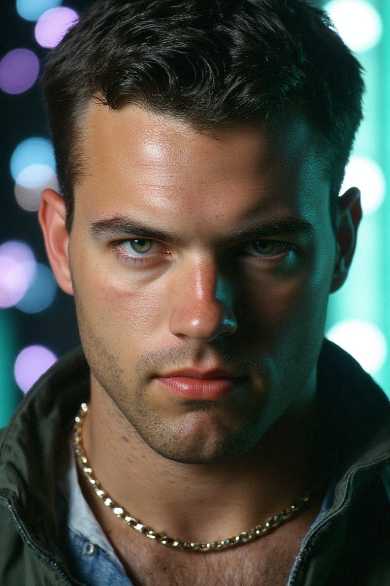 A highly detailed,  photorealistic digital image of a strikingly handsome young man with an intense gaze,  set against a d...