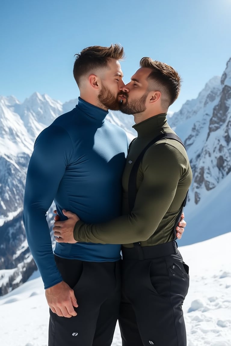 Generate an image of two men sharing a romantic kiss on a snowy mountain peak, with a breathtaking view of snow-covered mountains and blue skies in the background. Both men are dressed in cold-weather, sporty attire, showcasing their muscular physiques, as they stand closely, embracing one another against the wintery landscape.

The man on the left has light skin and a well-groomed beard. His brown hair is short and neatly styled, slightly tousled by the cold air. He is wearing a tight-fitting blue turtleneck sweater that accentuates his athletic build, especially his broad shoulders and toned arms. His left hand is gently placed on the other man's waist, while his right arm reaches around to hold his partner’s back, pulling him close. His face is angled slightly upward as he kisses his partner, eyes closed, savoring the moment.

The man on the right also has light skin, a clean-shaven face, and short brown hair. He wears a dark olive-green turtleneck sweater, equally snug to emphasize his muscular frame. His posture mirrors the man on the left, leaning in as they share the kiss, with his arms wrapped around his partner’s waist. His expression is tender and peaceful, his eyes closed in affection.

Both men are wearing black, insulated snow pants with suspenders, suited for the cold, mountainous environment. The snow beneath their feet is pristine and bright, contrasting with the darker clothing they wear. In the distance, the image captures the towering white peaks of the surrounding mountains, with deep blue skies and the soft light of the sun casting gentle shadows on the snow-covered slopes. The scene is one of warmth and connection, set against the majestic backdrop of nature’s winter beauty.